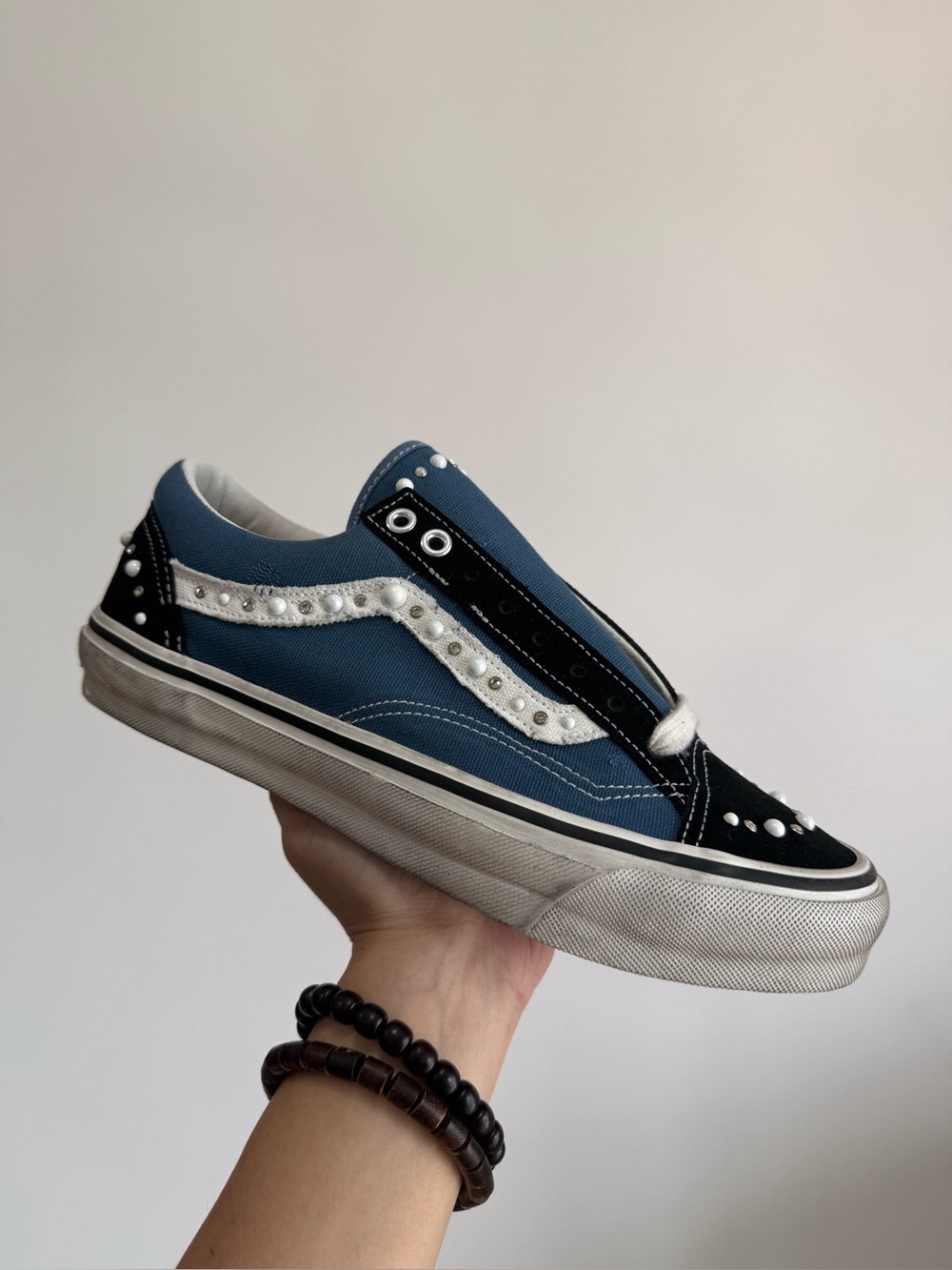 Vans Blue and Black Low-Top Sneaker with Pearl Studs